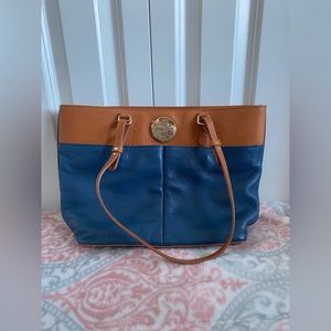 Brown and Blue purse with laptop sleeve
